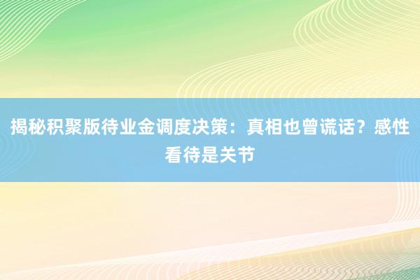 揭秘积聚版待业金调度决策：真相也曾谎话？感性看待是关节